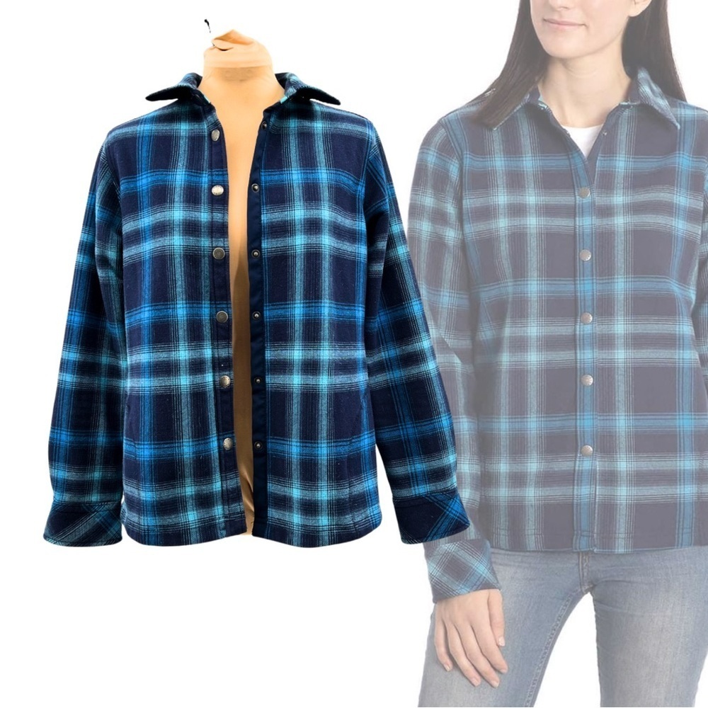 Small EUC - Orvis - Blue Plaid Fleece-lined Snap-Button Long Sleeve Shirt